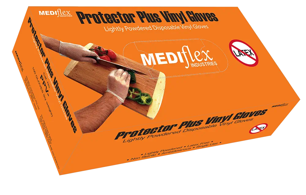 Mediflex Protector Plus lightly powdered clear disposable vinyl gloves box with kitchen food preparation image
